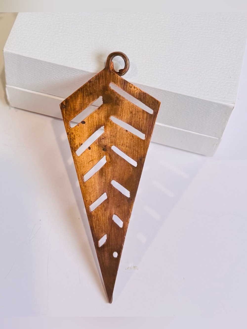 Copper Feather Deco Cut-Out Geometric Hammered Finish Pendant 3 3/4”